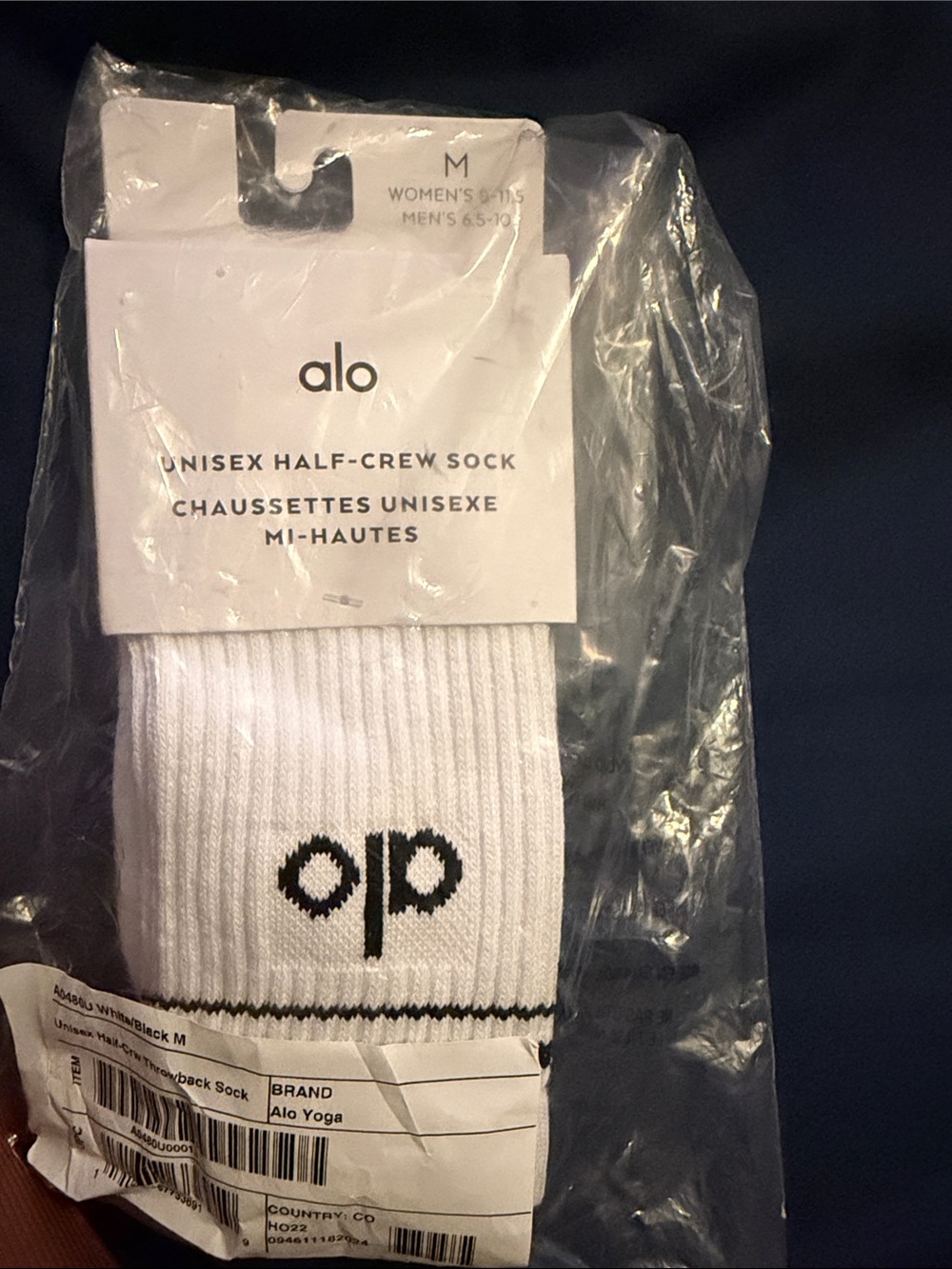 ALO Yoga White Crew Socks with Black Logo Stripes - Picture 3 of 3